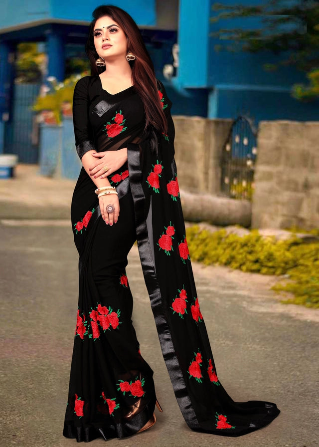 Georgette Embroidered Saree for Women (Black, 6.3 m)